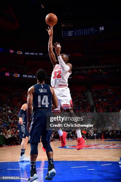 Kris Dunn of the Chicago Bulls shoots the ball against the Detroit Pistons on March 9, 2018 at Little Caesars Arena in Detroit, Michigan. NOTE TO...