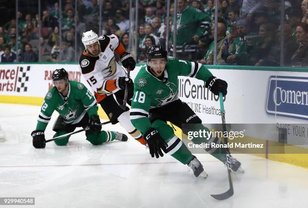 Tyler Pitlick of the Dallas Stars skates the puck against the Anaheim Ducks during the third period at American Airlines Center on March 9, 2018 in...