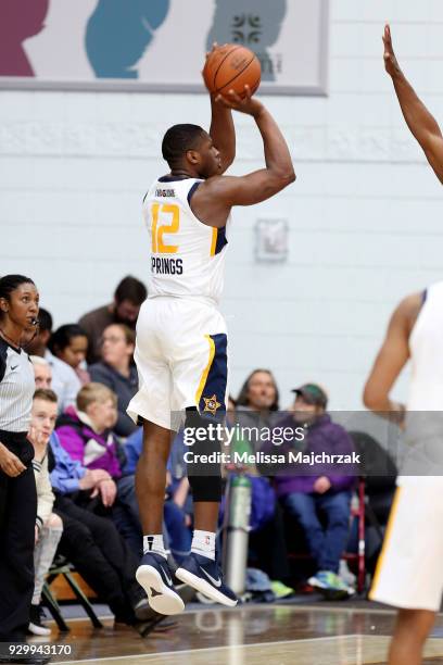 Akeem Springs of the Salt Lake City Stars shoots the ball against Northern Arizona Suns at Bruins Arena on March 9, 2018 in Taylorsville, Utah. NOTE...