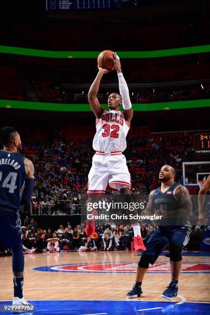 Kris Dunn of the Chicago Bulls shoots the ball against the Detroit Pistons on March 9, 2018 at Little Caesars Arena in Detroit, Michigan. NOTE TO...