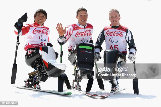 Silver medalist Taiki Morii of Japan , gold medalist Andrew Kurka of USA and bronze medalist Corey Peters of New Zealand acknowledging the crowd...