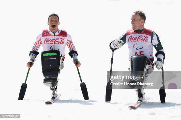 Gold medalist Andrew Kurka of USA and bronze medalist Corey Peters of New Zealand reacts after their runs during day one of the PyeongChang 2018...