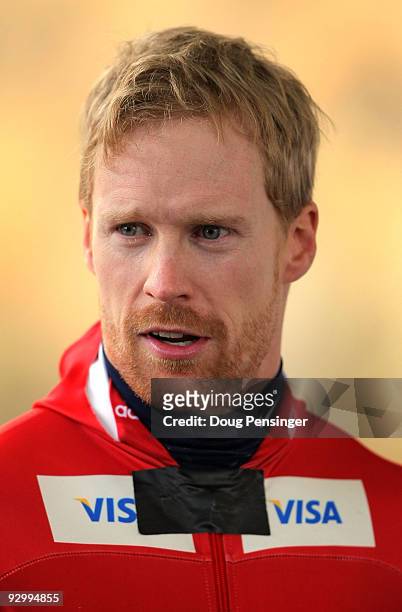 Jon Montgomery of Canada looks on between training runs for the FIBT Skeleton World Cup at the Utah Olympic Park on November 11, 2009 in Park City,...