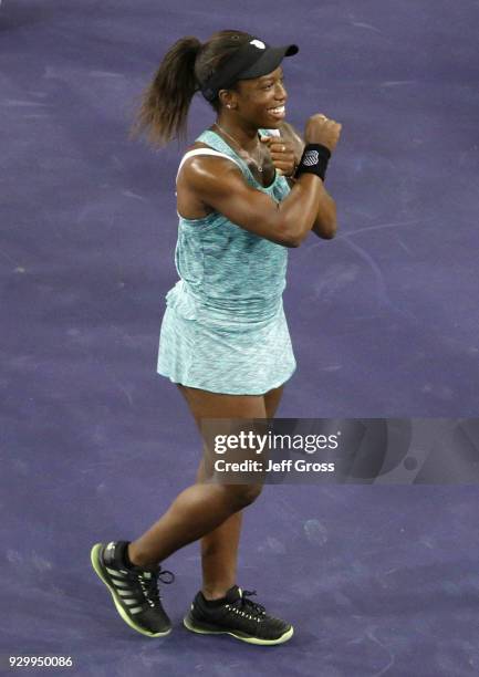 Sachia Vickery reacts following her victory over Garbine Muguruza of Spain during the BNP Paribas Open at the Indian Wells Tennis Garden on March 9,...