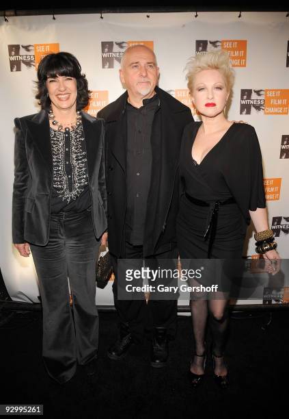 News journalist Christiane Amanpour, musician/activist Peter Gabriel, and singer Cyndi Lauper attend the 5th annual Focus for Change benefit dinner &...