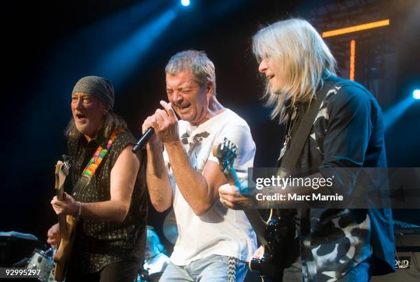 Roger Glover and Ian Gillan and Steve Morse of Deep Purple perform at Clyde Auditorium on November 11, 2009 in Glasgow, Scotland.