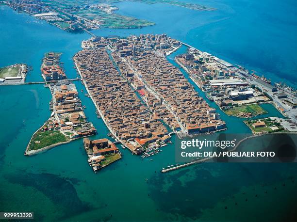 Aerial view of the city of Chioggia, Venetian Lagoon, Veneto, Italy.