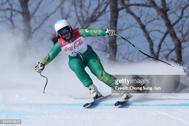 Melissa Perrine of Australia compete in the Alpine Skiing Women's Downhill, Visually Impaired during day one of the PyeongChang 2018 Paralympic Games...