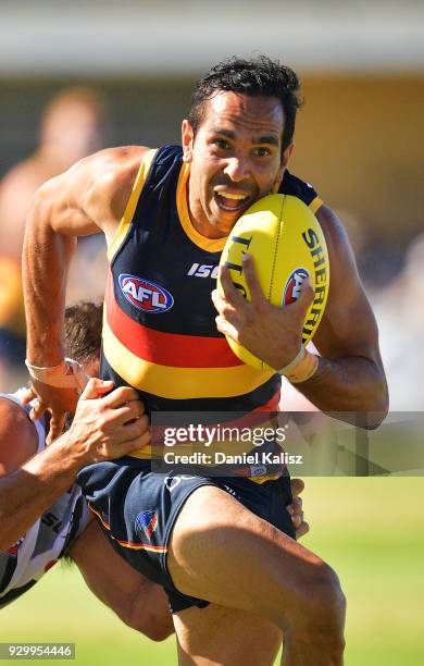 Eddie Betts of the Crows competes for the ball during the JLT Community Series AFL match between Port Adelaide Power and the Adelaide Crows at...