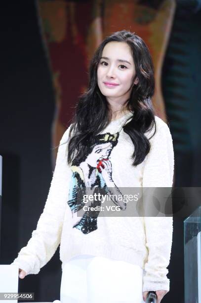 Actress Yang Mi attends a promotional event during the Appliance and Electronics World Expo 2018 on March 9, 2018 in Shanghai, China.