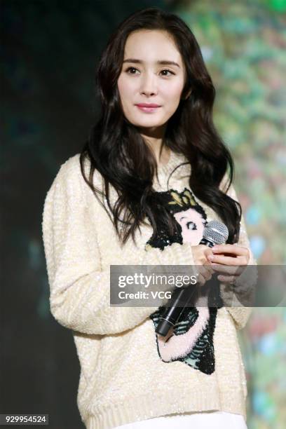 Actress Yang Mi attends a promotional event during the Appliance and Electronics World Expo 2018 on March 9, 2018 in Shanghai, China.