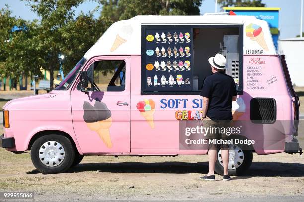 Magpies President Eddie McGuire gets himself a soft serve Gelati icecream after their win during the JLT Community Series AFL match between...