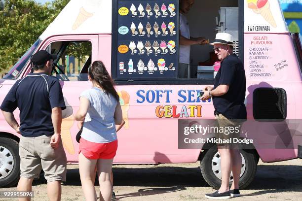 Magpies President Eddie McGuire gets himself a soft serve Gelati icecream after their win during the JLT Community Series AFL match between...