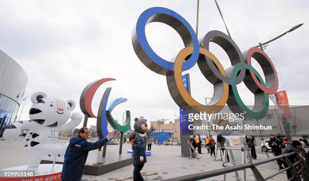 Agitos replaces the Olympic rings ahead of the PyeongChang 2018 Paralympic Games on March 6, 2018 in Gangneung, South Korea.