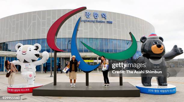 Agitos replaces the Olympic rings ahead of the PyeongChang 2018 Paralympic Games on March 6, 2018 in Gangneung, South Korea.
