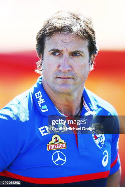 Bulldogs head coach Luke Beveridge looks upfield during the JLT Community Series AFL match between Collingwood Magpies and the Western Bulldogs at...