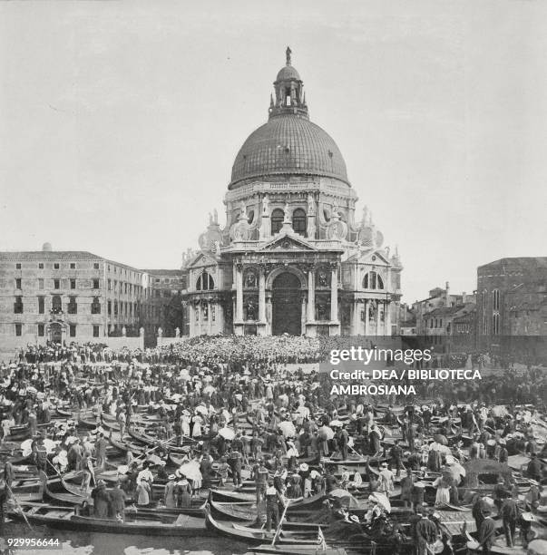 Children's choir on the steps of the Basilica of Santa Maria della Salute in Venice, May 5 Italy, photograph by A Croce, from L'Illustrazione...