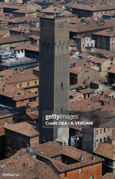 Aerial view of the old town of Bologna with the Torre Coronata or Torre dei Prendiparte from the Basilica of San Giacomo Maggiore, Emilia Romagna,...