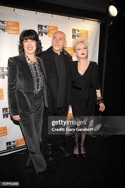 News journalist Christiane Amanpour, musician/activist Peter Gabriel, and singer Cyndi Lauper attend the 5th annual Focus for Change benefit dinner &...