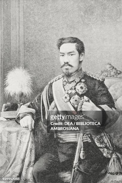 The Japanese Emperor Meiji wearing a Generalissimo uniform, photograph by A Farsari, from L'Illustrazione Italiana, Year XXII, No 1, January 6, 1895.