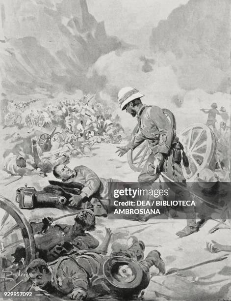 Sergeant Pannocchia dying while hugging his cannon, Battle of Adwa, Italo-Abyssinian War, Ethiopia, drawing by Dante Paolocci, from L'Illustrazione...