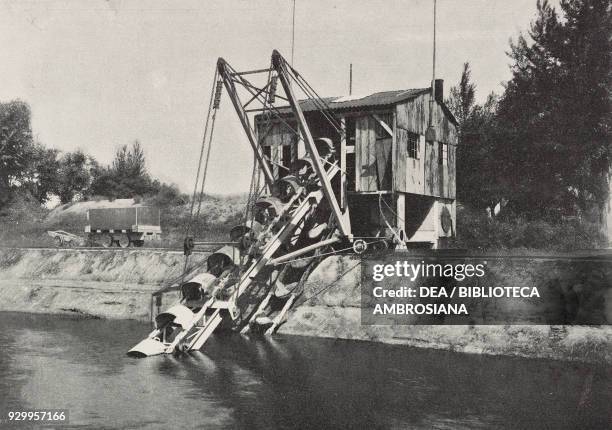 Dry excavator used during the reclamation of Burana marsh, Emilia Romagna, Italy, photograph by L Cavallini, from L'Illustrazione Italiana, Year...