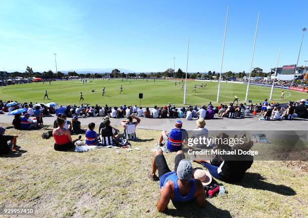 General view is seen during the JLT Community Series AFL match between Collingwood Magpies and the Western Bulldogs at Ted Summerton Recreational...