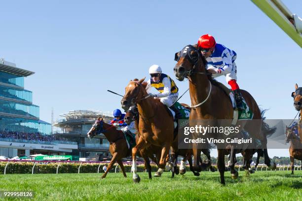 Michael Walker riding Harlem defeats Mark Zahra riding Gailo Chop in Race 8, TAB Australian Cup during Melbourne Racing at Flemington Racecourse on...