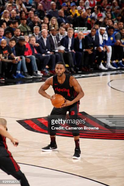 Maurice Harkless of the Portland Trail Blazers handles the ball against the Golden State Warriors on March 9, 2018 at the Moda Center in Portland,...