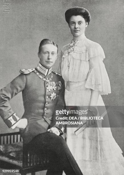 Prince Guglielmo di Prussia and his wife Duchess Cecilie of Mecklenburg-Schwerin , photograph by E Bieber, from L'Illustrazione Italiana, Year XXXII,...