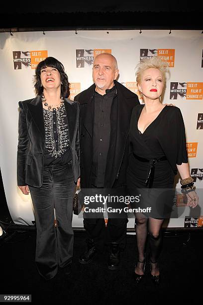 News journalist Christiane Amanpour, musician/activist Peter Gabriel, and singer Cyndi Lauper attend the 5th annual Focus for Change benefit dinner &...