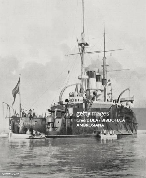The mutinous Russian battleship Potemkin in Odessa port, Ukraine, photograph by DU Pudicewa, from L'Illustrazione Italiana, Year XXXII, No 29, July...