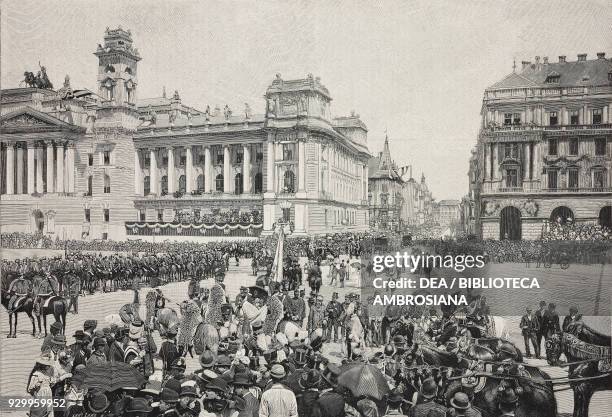 Procession of St Stephen's crown to the new Parliament Building, millennial celebrations in Budapest, Hungary, from L'Illustrazione Italiana, Year...