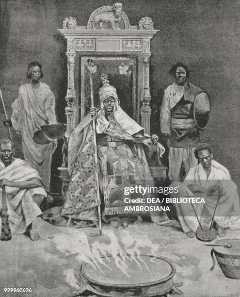 Menelik II, Emperor of Abyssinia, on his throne, drawing by Eduardo Ximenes , from L'Illustrazione Italiana, Year XXII, No 7, February 17, 1895.