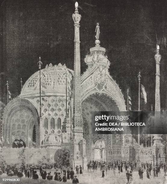 Monumental entrance to the Exposition Universelle in Place de la Concorde, Paris, France, advertising page in the 1900 Exposition Universelle in...