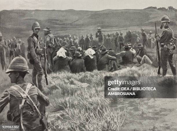 Boers taken prisoner during the battle on the Modder river, Transvaal, South Africa, Second Boer War , drawing after a photograph by Evelyn Cecil,...