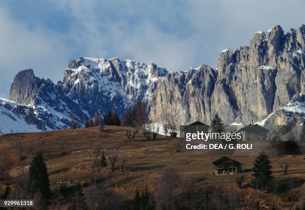 Dolomite peaks above the Fregona at Canale d'Agordo, Veneto, Italy.