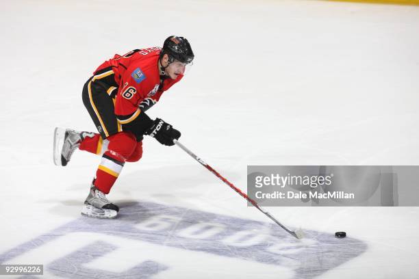 Dustin Boyd of the Calgary Flames skates against the Detroit Red Wings during their game on October 31, 2009 at the Pengrowth Saddledome in Calgary,...