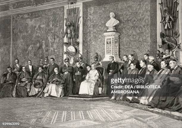 Pope Leo XIII inaugurating the rooms of the Borgia apartment, Vatican Palace, Vatican City, photograph by De Federicis, from L'Illustrazione...