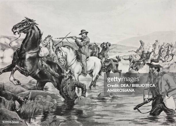 Boers retreat on the Modder River, Transvaal, South Africa, Second Boer War , drawing by Strobel-Valdago, from L'Illustrazione Italiana, Year XXVII,...