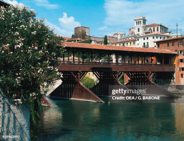 The covered bridge over the Brenta river designed by Andrea Palladio , Bassano del Grappa, Veneto. Italy, 16th century.