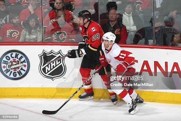 Daniel Cleary of the Detroit Red Wings skates against the Calgary Flames during their game on October 31, 2009 at the Pengrowth Saddledome in...
