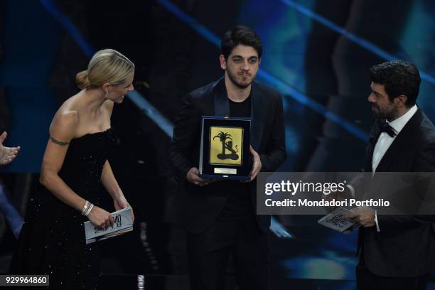 Italian singer Mirkoeilcane receive the Mia Martini Award on the Ariston stage during the 68th Festival di Sanremo. Sanremo, February 10th 2018