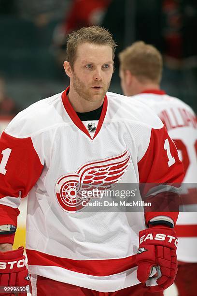 Daniel Cleary of the Detroit Red Wings skates during warm-up prior to their game against the Calgary Flames on October 31, 2009 at the Pengrowth...