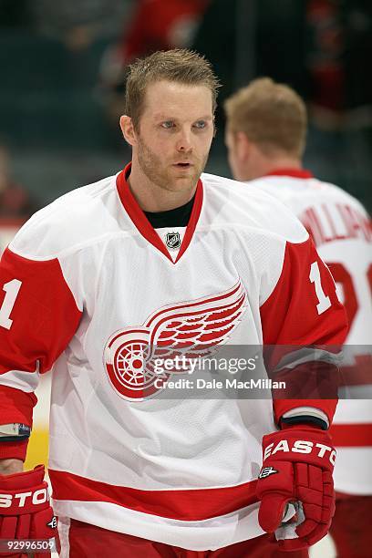 Daniel Cleary of the Detroit Red Wings skates during warm-up prior to their game against the Calgary Flames on October 31, 2009 at the Pengrowth...