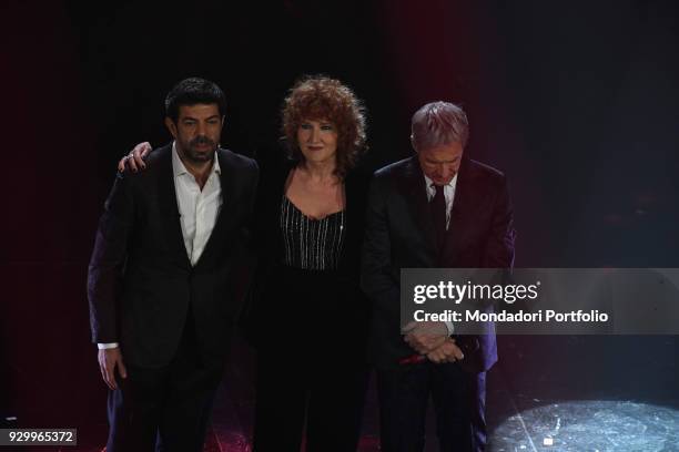 Tv Host Claudio Baglioni and singer Fiorella Mannoia and Pierfrancesco Favino on stage at 68th Festival di Sanremo. Sanremo, February 8th, 2018.