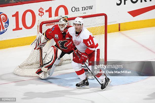 Daniel Cleary of the Detroit Red Wings skates against the Calgary Flames during their game on October 31, 2009 at the Pengrowth Saddledome in...