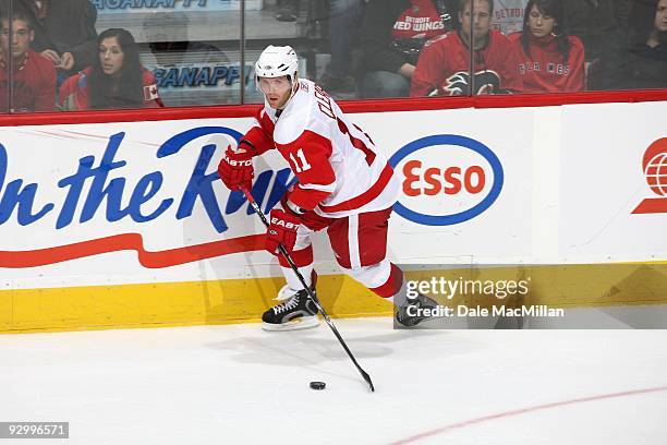 Daniel Cleary of the Detroit Red Wings skates against the Calgary Flames during their game on October 31, 2009 at the Pengrowth Saddledome in...