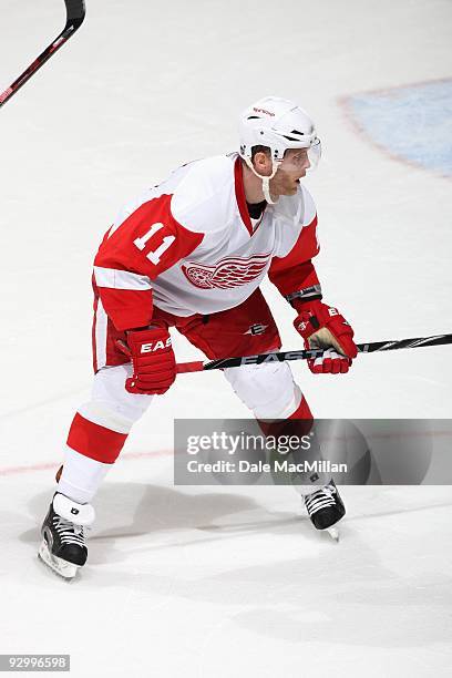 Daniel Cleary of the Detroit Red Wings skates against the Calgary Flames during their game on October 31, 2009 at the Pengrowth Saddledome in...