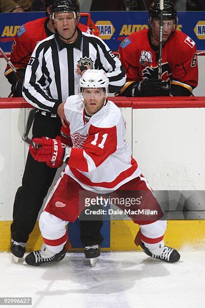 Daniel Cleary of the Detroit Red Wings skates against the Calgary Flames during their game on October 31, 2009 at the Pengrowth Saddledome in...